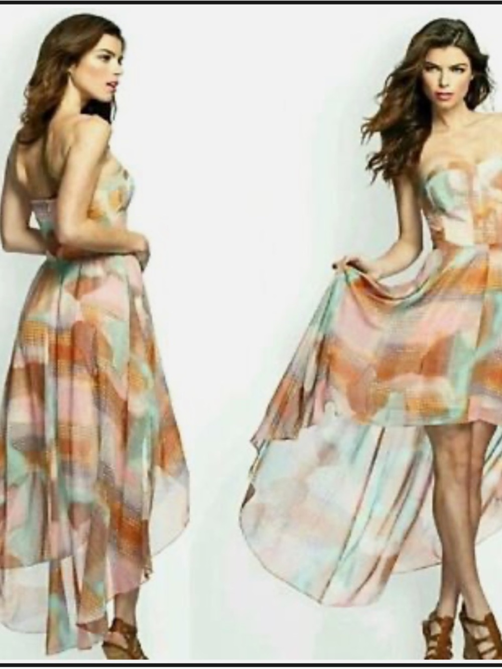 Guess Julia Strapless High-Low Chiffon Dress - Peach, Mint & Blush Hue